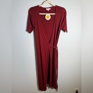 all:row Ribbed Knit Wrap Midi Dress | Rust Red | Short Sleeve